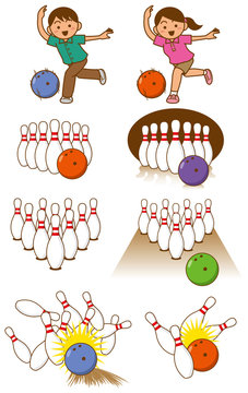 ボウリングのピンとボウルと人物のイメージイラストセット