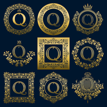 Vintage monograms set of Q letter. Golden heraldic logos in wreaths, round and square frames.