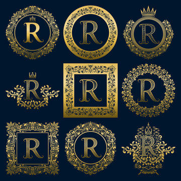 Vintage monograms set of R letter. Golden heraldic logos in wreaths, round and square frames.