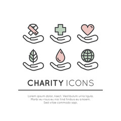 Vector Icon Style Illustration Set of Graphic Elements for Nonprofit Organizations and Donation Centre. Fundraising Symbols, Crowdfunding Project Label, Charity Logo