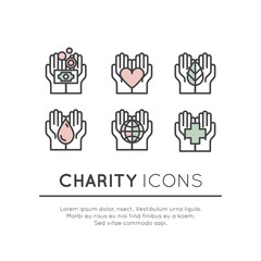 Vector Icon Style Illustration Set of Graphic Elements for Nonprofit Organizations and Donation Centre. Fundraising Symbols, Crowdfunding Project Label, Charity Logo