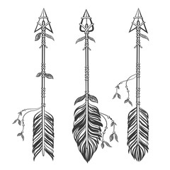 Set Ethnic arrows with feathers. Boho style. Hand drawn vector illustration