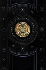 Black front door with brass ornament snake, London, UK