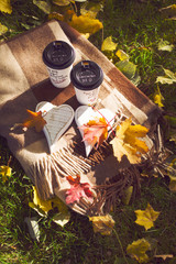 Two cup of coffee for couple, joy mood, sunshine, autumn, romantic