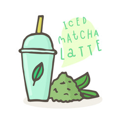 Iced matcha latte. Plastic cup and tea powder. Vector hand drawn illustration. 