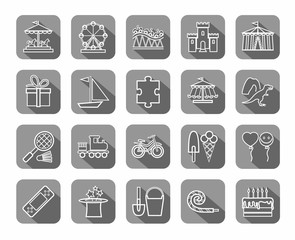 Children's games and entertainment, icons, grey, flat, line, vector. Vector icons of items and objects for children. Children's rest. White linear image on a gray background with shadow. 
