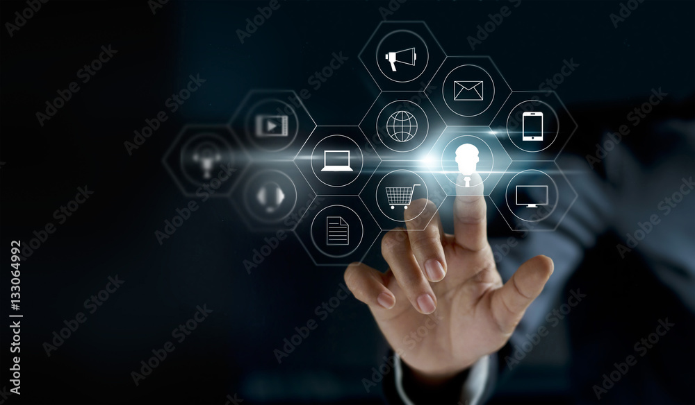 Poster hand touching icon payments global network connection on dark background