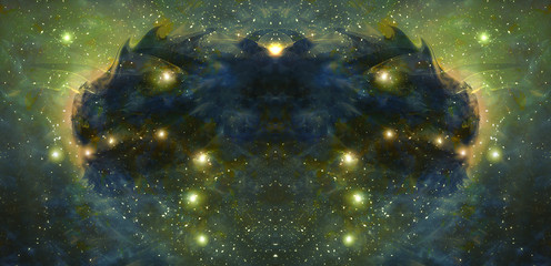 Fototapeta na wymiar Cosmic dragon in space and stars, green cosmic abstract background.
