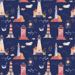 Watercolor lighthouse seamless pattern. Hand drawn sea texture with cartoon objects: boat, seagull, whale, fish, lamp, stones and plants. Nautical wallpaper with dark blue background