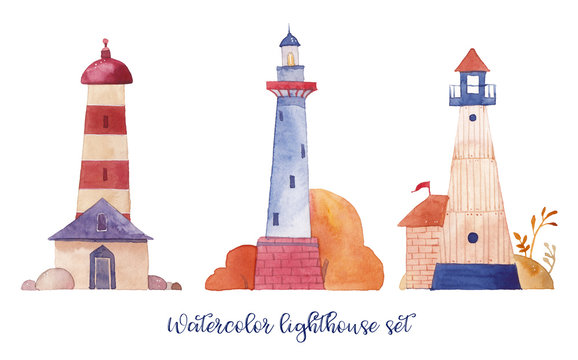 Watercolor lighthouse set. Hand drawn cartoon lighthouses with cute details: plants, flags, sea gull. Isolated design objects on white background. Nautical artwork