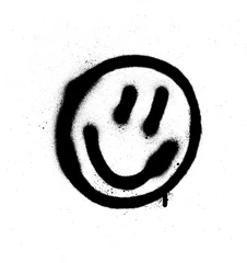 Deurstickers graffiti smiling face emoticon in black on white © johnjohnson