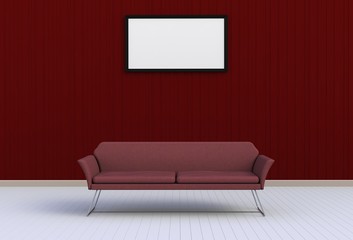 Neutral interior with chair and blank picture on empty red wall background, 3D rendering