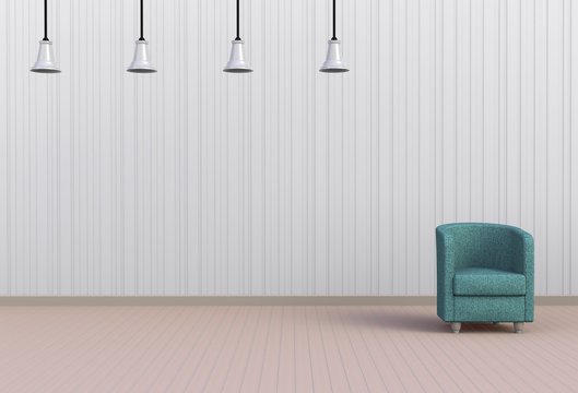 Neutral interior with chair and lamp on empty white wall background, 3D rendering