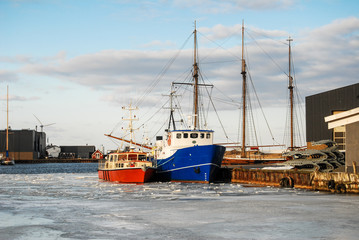Harbor and ships in the winter