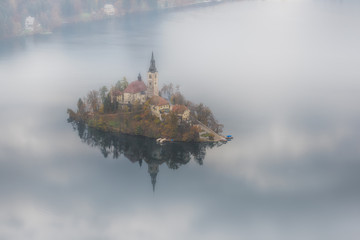 Heaven on earth! Lake Bled with St. Marys Church of the Assumption on the small island; Bled, Slovenia