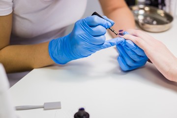 Professional beautician applying nail polish to female nail