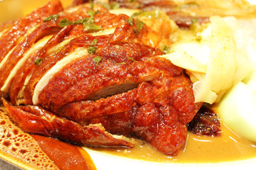 Serving Plate of preparing chinese style Roasted Duck and topping, yummy delicious good looking recipe