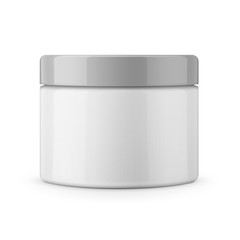 Round white glossy plastic jar for cosmetics