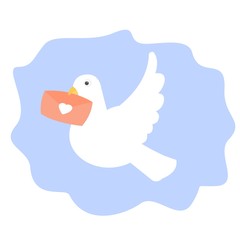 Cartoon white dove with a love letter in beak. Vector.