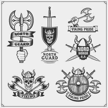 Set of viking labels, badges and emblems. Skulls and axes. Vintage style.