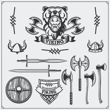 Viking set. Emblem, horned helmet, shield, sword and ax. Vintage style.