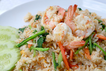 Delicious Shrimp fried rice. Unique style in the white dish on white background,  Thai food.