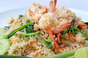 Delicious Shrimp fried rice. Unique style in the white dish on white background,  Thai food.