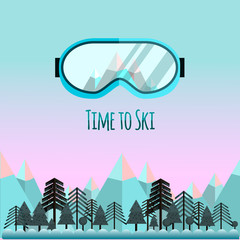 Ski goggles with reflection of mountains. Background with mountains and a forest.