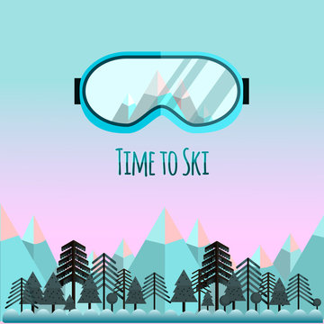 Ski goggles with reflection of mountains. Background with mountains and a forest.
