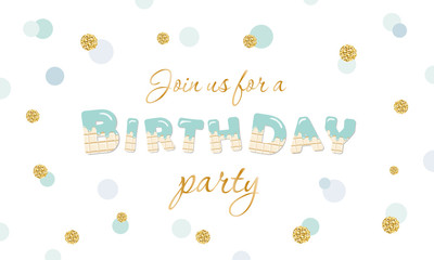 Birthday party invitation on polka dot festive background with glitter. Isolated on white.