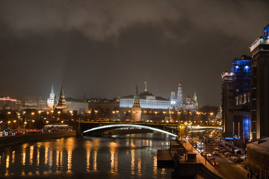 Moscow Kremlin at night. Popular tourist view of the main attraction of Moscow.
