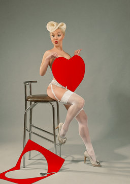 Happy Valentine Day! Professional make-up, hair and style. Emulation of Pin-Up style