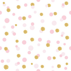 Glitter confetti polka dot seamless pattern background. Golden and pastel pink trendy colors. For birthday, valentine and scrapbook design.