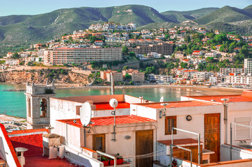View of the sea from a height of Pope Luna's Castle. Valencia, Spain.  Peniscola. Castellón. The medieval castle of the Knights Templar on the beach. Beautiful view of the sea and the bay.