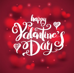 Happy Valentine's day lettering on red hearts background. Vector illustration for valentine's card.