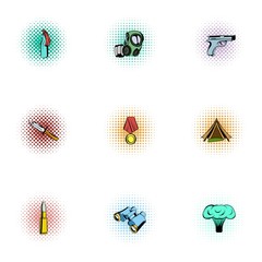 Military defense icons set, pop-art style