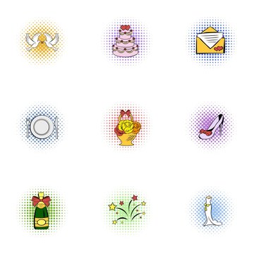 Marriage icons set, pop-art style