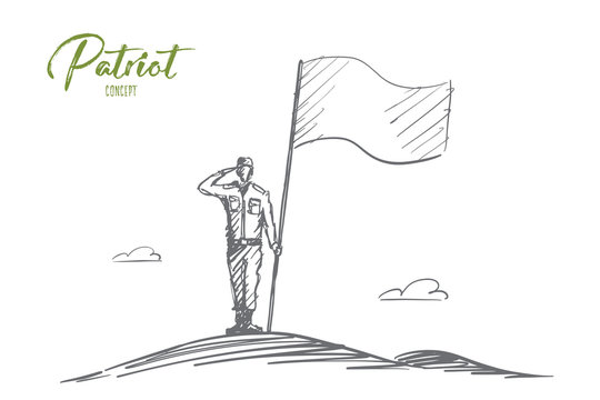 Vector hand drawn Patriot concept sketch with soldier in special uniform standing, salutting and holding big flag