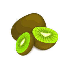 Fototapeta na wymiar Composition of several kiwi. Ripe vector kiwifruits whole and slice appetizing looking. Group of tasty fruits colorful design for the packaging of juice breakfast, healthy eating, vegetarianism