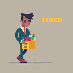 Dismissed sad african american man carrying box with her things. Flat vector illustration. 