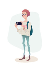 Young handsome guy with a backpack takes a photo on his smartphone. Student with camera. Vector illustration.