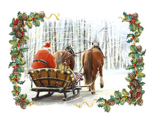 Christmas winter happy scene with frame with santa claus in traditional sleigh - with two horses - illustration for children