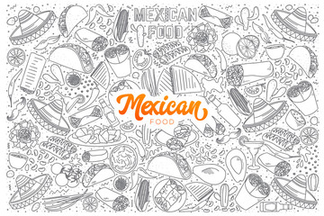 Hand drawn set of Mexican food doodles with orange lettering in vector