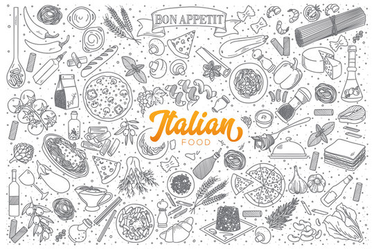 Hand drawn set of Italian food doodles with orange lettering in vector