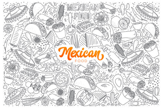 Hand drawn set of Mexican food doodles with orange lettering in vector