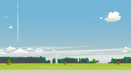 Naklejka na ściany i meble Landscape panorama summer day with plane trail