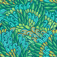 Naklejka na ściany i meble Seamless floral green and blue bright summer doodle pattern