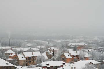 Winter landscape from a height with the effect of tilt shift