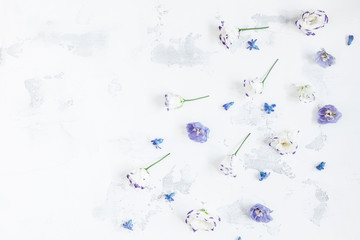 Obraz premium Floral composition with lilac and white flowers. Flat lay, top view