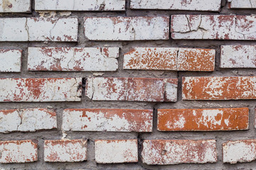 Background of old vintage dirty brick wall with peeling plaster